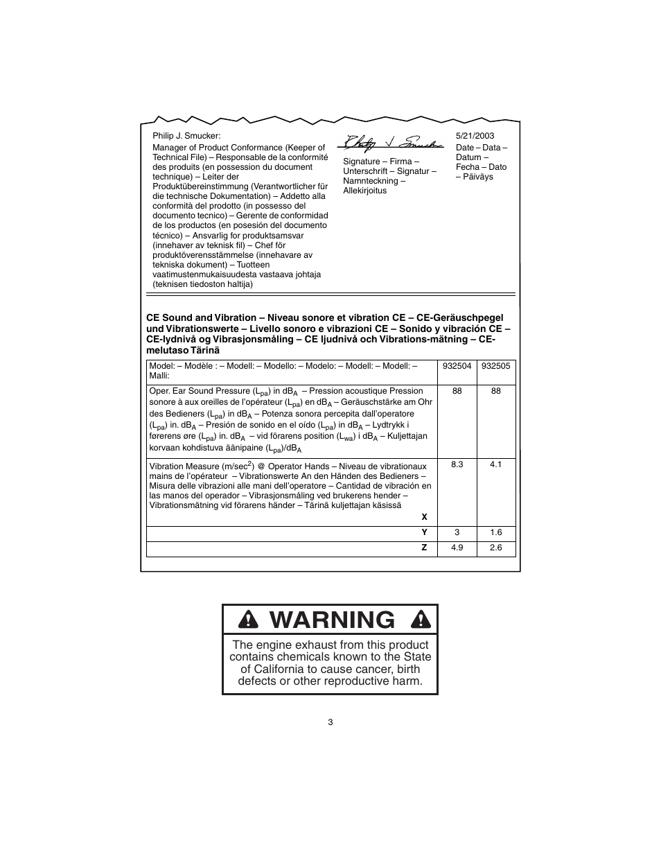 Warning | Ariens 932037 - 724 User Manual | Page 3 / 31