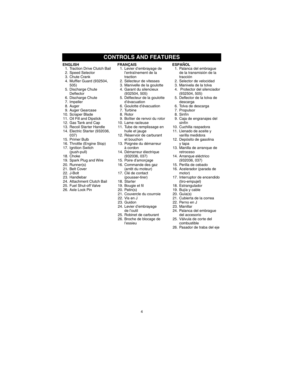 Controls and features | Ariens 932037 - 724 User Manual | Page 4 / 31