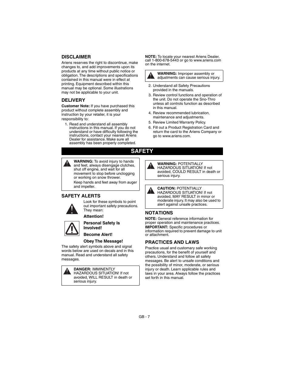 Safety | Ariens 932037 - 724 User Manual | Page 7 / 31