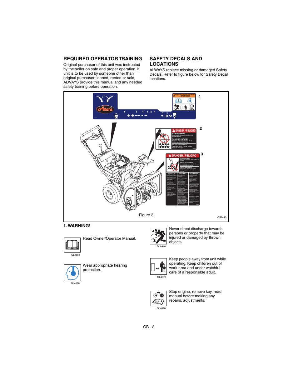 Required operator training, Safety decals and locations, Warning | Gb - 8 | Ariens 932037 - 724 User Manual | Page 8 / 31