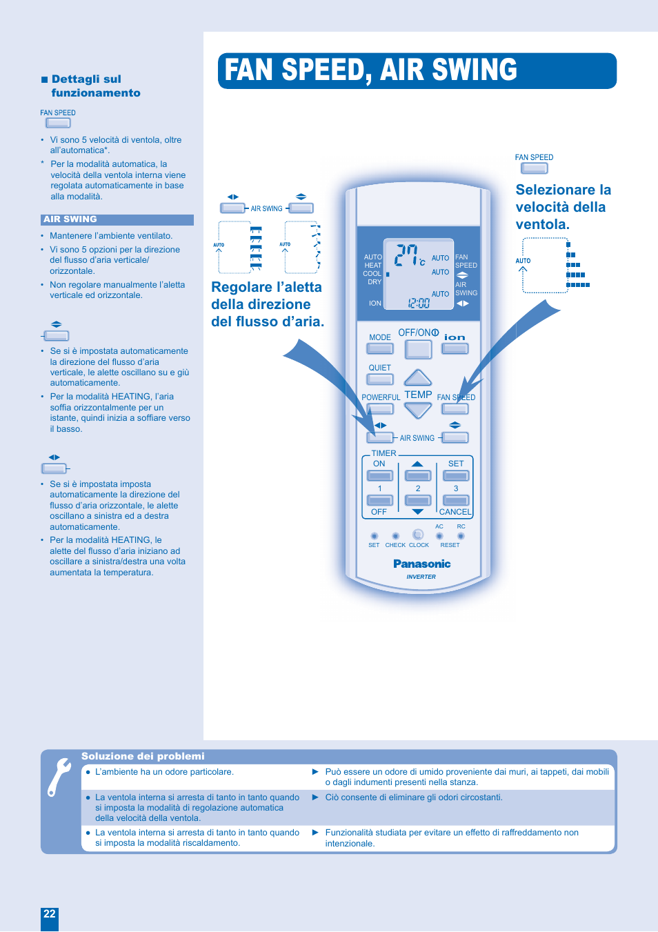Fan speed, air swing, Selezionare la velocità della ventola, Dettagli sul funzionamento | Panasonic CSE28EKE User Manual | Page 6 / 12