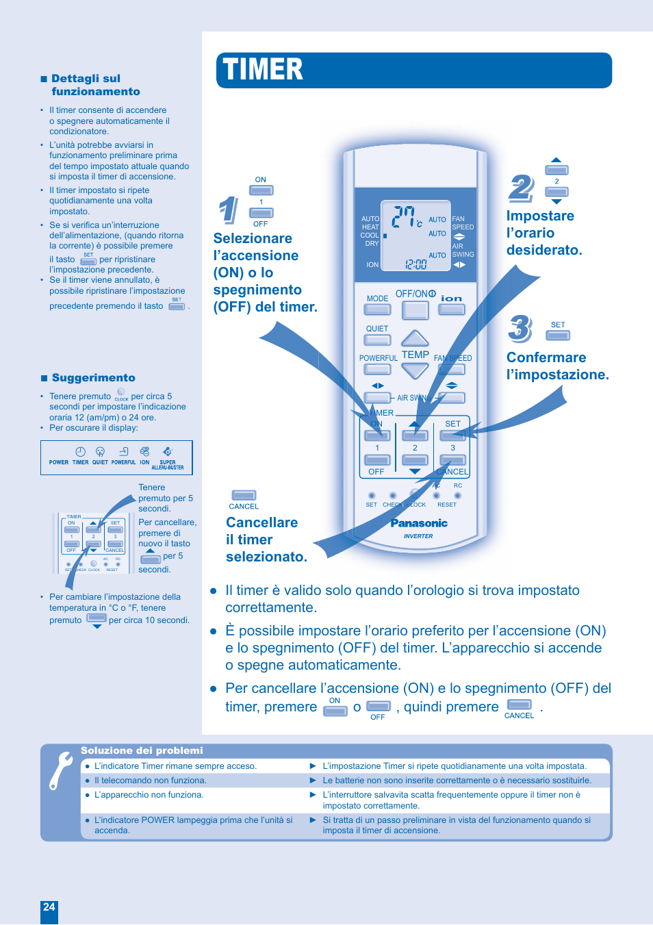 Timer, Impostare l’orario desiderato, Confermare l’impostazione | Cancellare il timer selezionato | Panasonic CSE28EKE User Manual | Page 8 / 12