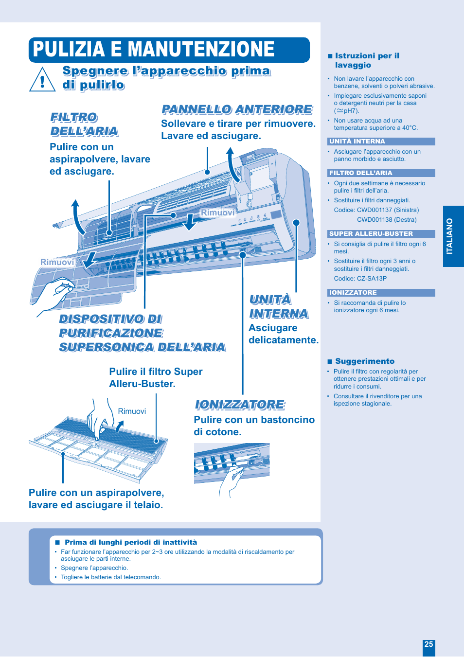 Pulizia e manutenzione, Pannello anteriore | Panasonic CSE28EKE User Manual | Page 9 / 12