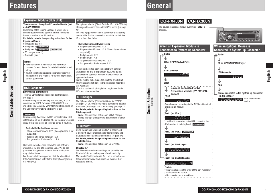 Features, General, Connectable devices | Source selection, English | Panasonic CQRX300N User Manual | Page 3 / 155