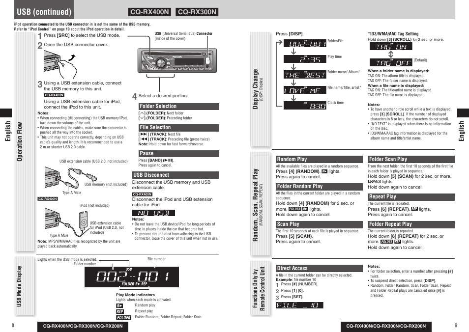 Usb (continued), Random, scan, repeat play, Operation flow display change | English | Panasonic CQRX300N User Manual | Page 5 / 155