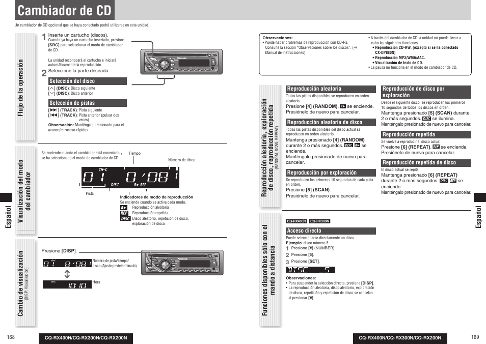 Cambiador de cd, Flujo de la operación, Visualización del modo del cambiador | Cambio de visualización, Español | Panasonic CQRX300N User Manual | Page 91 / 155