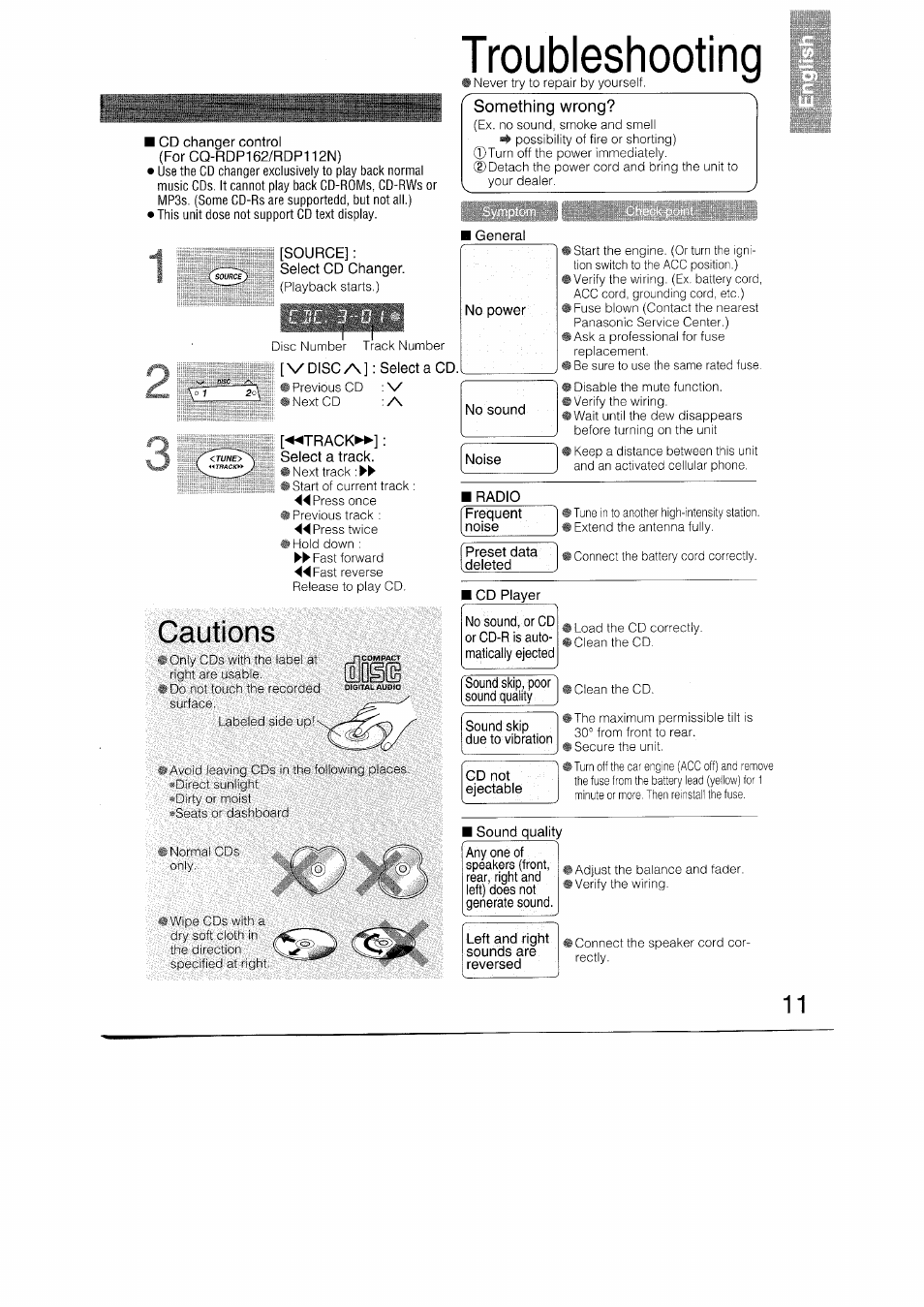 I cd changer control (for cq-rdp162/rdp112n), Source, Select cd changer | Troubleshooting, Something wrong, I general, Vdisc/\]: select a cd, Track, Select a track, Cautions | Panasonic CQRDP162N User Manual | Page 11 / 84