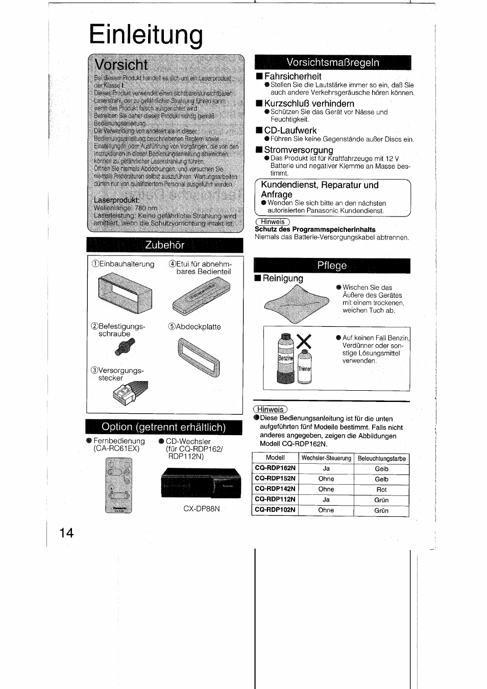 Einleitung, Vorsicht, Laserprodukt | Zubehör, Vorsichtsmaßregeln, I fahrsicherheit, I kurzschluß verhindern, Cd-laufwerk, I stromversorgung, Kundendienst, reparatur und | Panasonic CQRDP162N User Manual | Page 14 / 84