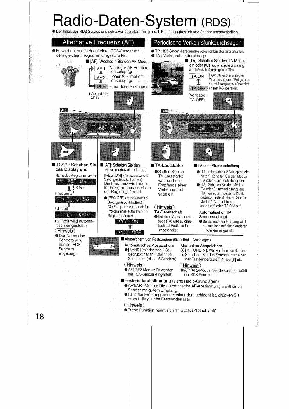 Alternative frequenz (af), Af]: wechseln sie den af-medus, Periodische verkehrsfunkdurchsagen | I[d1sp]: schalten sie das display um, C hinweis), Ita-lautstärke, Hinweis ), Ita oder stummschaltung, Hinweis) | Panasonic CQRDP162N User Manual | Page 18 / 84