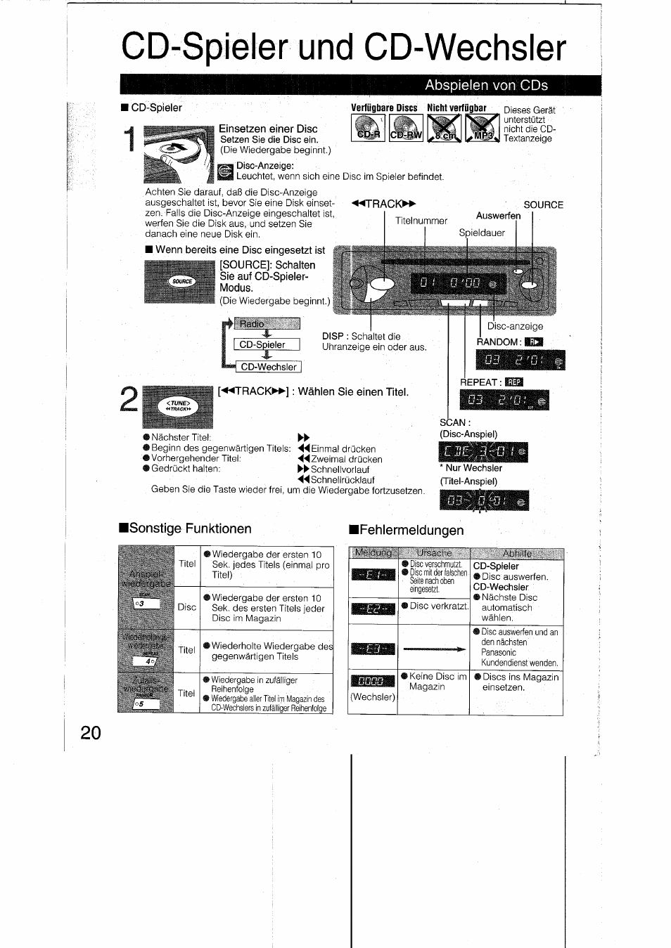 Cd-spieler und cd-wechsler, Abspielen von cds, Verfügbare discs nicht verfügbar | Wenn bereits eine disc eingesetzt ist, Source]: schalten sie auf cd-spieler- i, Modus. i, Track^>-]: wählen sie einen titel, Isonstige funktionen, Ifehlermeldungen, L. cd-spieler und cd-wechsler.20 | Panasonic CQRDP162N User Manual | Page 20 / 84