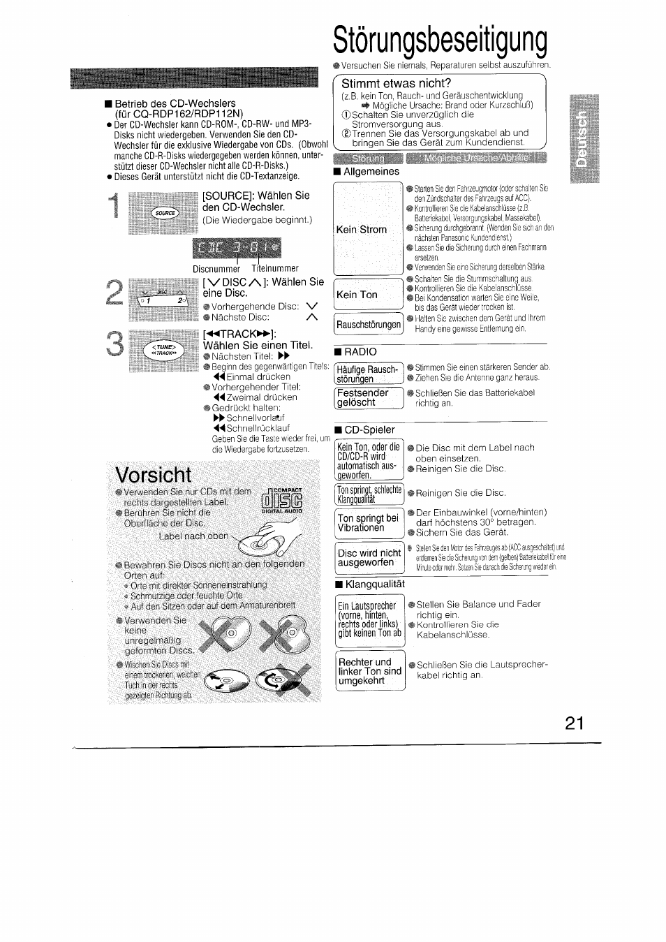 Betrieb des cd-wechslers (fürcq-rdp162/rdp112n), Source]: wählen sie den cd-wechsler, Vorsicht | Störungsbeseitigung, Stimmt etwas nicht, Trackm-j, Radio, I cd-spieler, Klangqualität | Panasonic CQRDP162N User Manual | Page 21 / 84