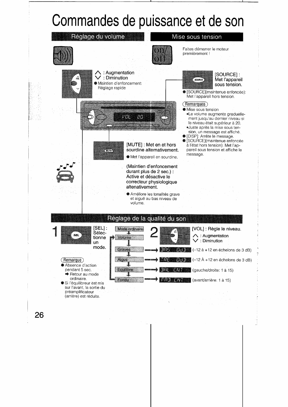 Gommandes de puissance et de son, Réglage du volume, Mise sous tension | Réglage de la qualité du son, Commandes de puissance et de son, On/' off | Panasonic CQRDP162N User Manual | Page 26 / 84