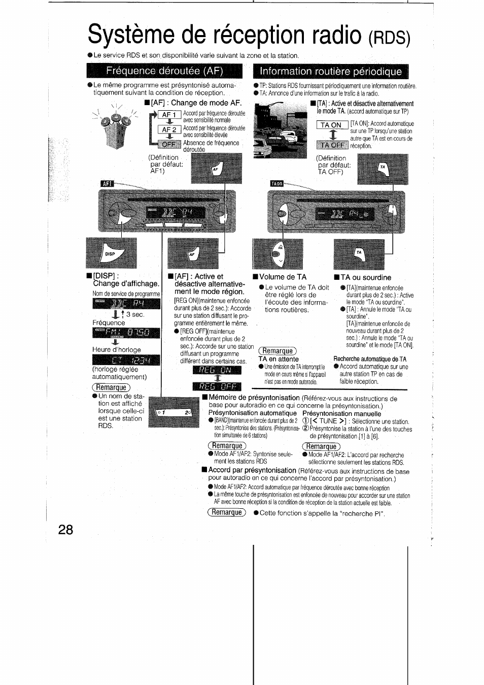 Système de réception radio (rds), Af] : change de mode af, Information routière périodique | L[disp, Change d’affichage, Remarque), I [af] ; active et i, Désactive aiternative- ment le mode région, Volume de ta, Ita ou sourdine | Panasonic CQRDP162N User Manual | Page 28 / 84