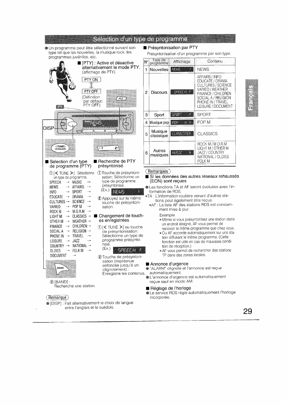 Çremarque), Remarques), I annonce d’urgence | Réglage de l’horloge | Panasonic CQRDP162N User Manual | Page 29 / 84