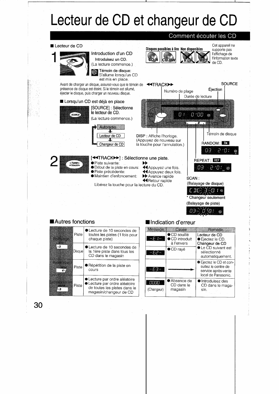 Lecteur de cd et changeur de cd, I lecteur de cd, Introduction d’un cd | Lorsqu’un cd est déjà en place, Source] : sélectionne le lecteur de cd, Disques possibles à lire non disponibles, Trackm, Track^^] : sélectionne une piste, I autres fonctions, Iindication d’erreur | Panasonic CQRDP162N User Manual | Page 30 / 84