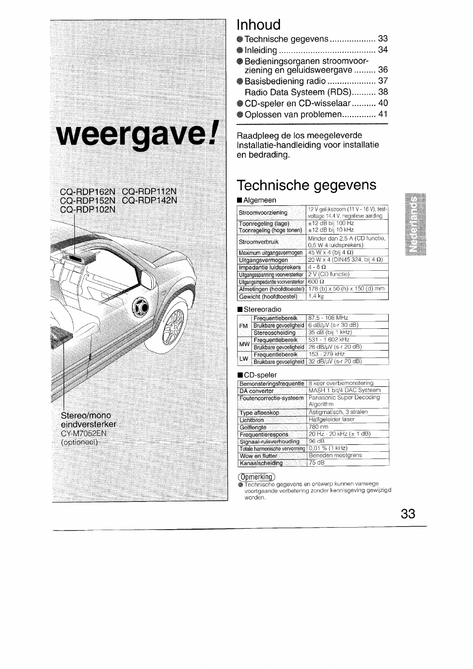Cy-m7052en, Inhoud, Copmerking) | Weergavej, Technische gegevens | Panasonic CQRDP162N User Manual | Page 33 / 84