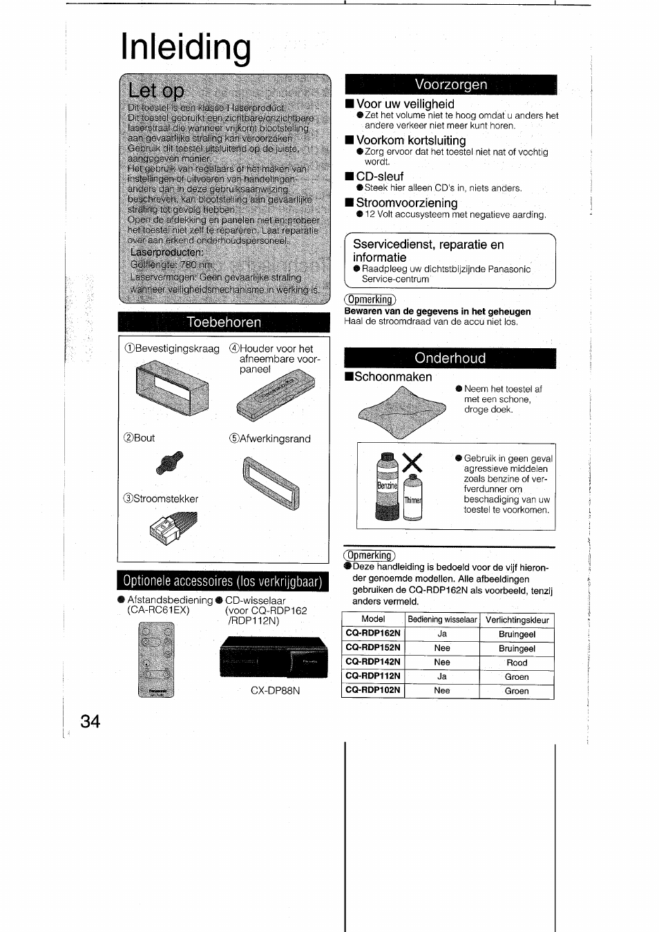 Toebehoren, Voorzorgen, Ivoor uw veiligheid | Ivoorkom kortsluiting, Icd-sleuf, I stroomvoorziening, Sservicedienst, reparatie en informatie, Opmerking), Onderhoud, Ischoonmaken | Panasonic CQRDP162N User Manual | Page 34 / 84