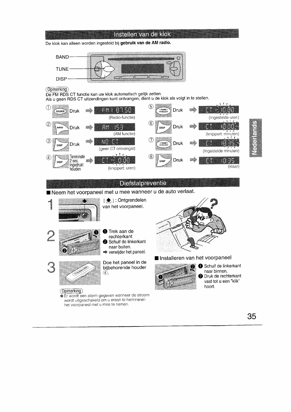 1 installeren van het voorpaneel, Installeren van het voorpaneel | Panasonic CQRDP162N User Manual | Page 35 / 84