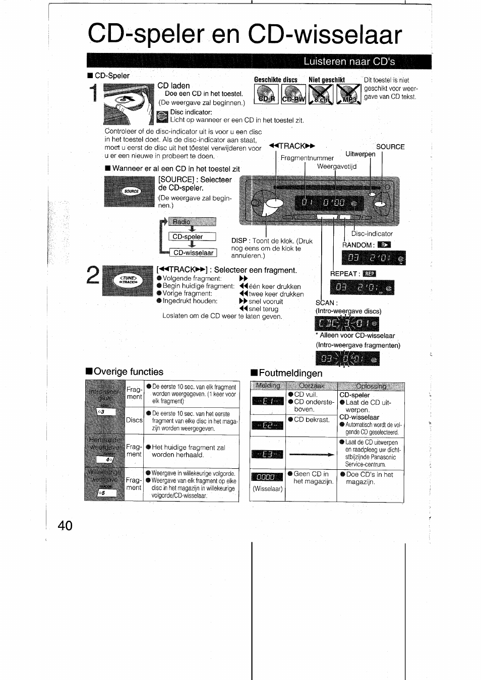 Cd-speler en cd-wisselaar, Luisteren naar cd's, Gd laden | A 'i. [source]; selecteer de cd-speler, Track^>-]: selecteer een fragment, Lovehge functies, Ifoutmeldingen, Cd-speleren cd-wisselaar, D3 , : g:'0i, Lovehge functies ifoutmeldingen | Panasonic CQRDP162N User Manual | Page 40 / 84