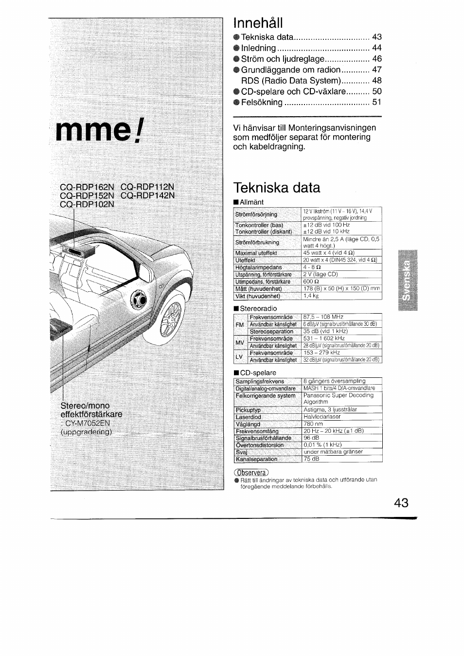 Innehäll, Tekniska data | Panasonic CQRDP162N User Manual | Page 43 / 84