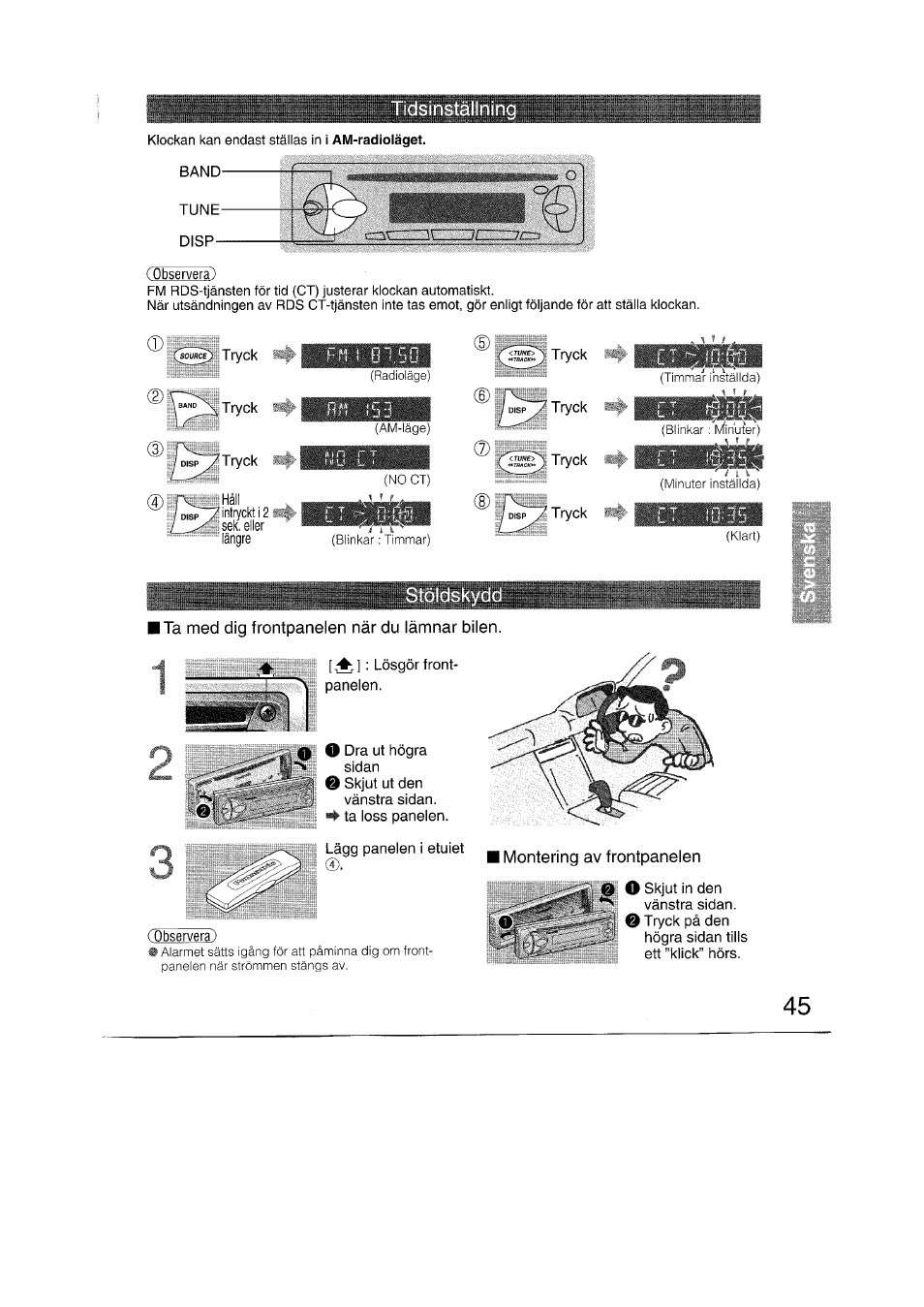 Ta med dig frontpanelen nâr du lâmnar bilan, I montering av frontpanelen | Panasonic CQRDP162N User Manual | Page 45 / 84