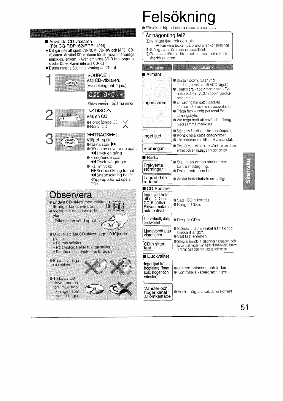 Observera, Felsökning, Är nägonting fei | Panasonic CQRDP162N User Manual | Page 51 / 84