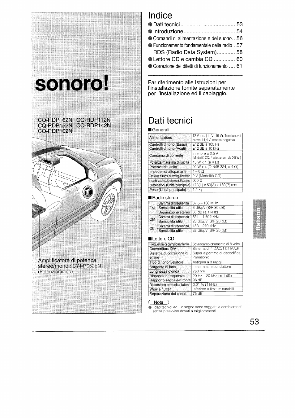 Indice, Dati tecnici, Generali | Panasonic CQRDP162N User Manual | Page 53 / 84