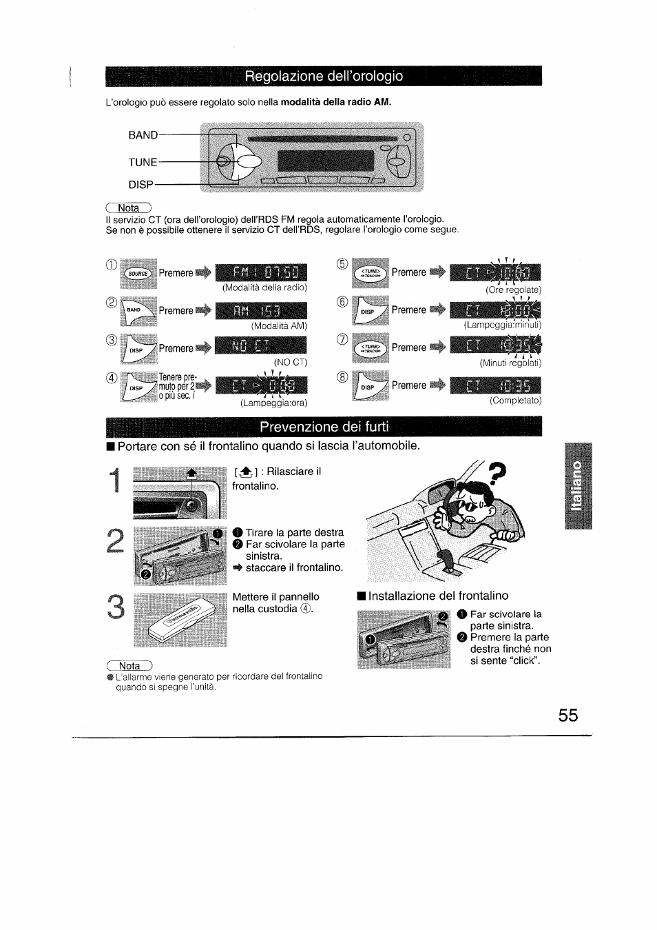 Installazione del frontalino, Regolazione dell’orologio, Prevenzione dei furti | Panasonic CQRDP162N User Manual | Page 55 / 84