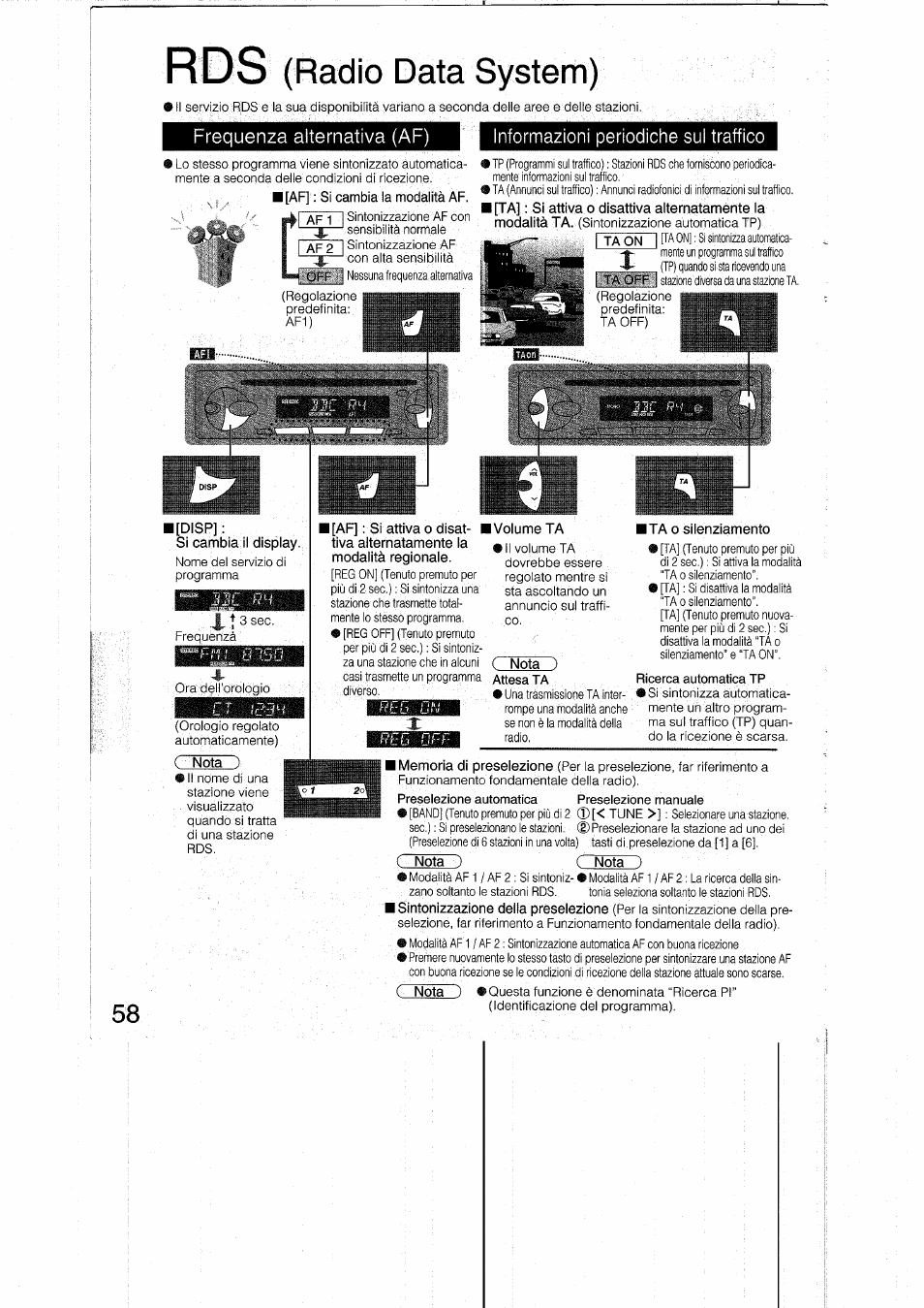 Frequenza alternativa (af), I [af] ; si cambia la modalità af, Informazioni periodiche sui traffico | L[disp, Si cambia il display, Ivolume ta, Ta o silenziamento, Radio data system) | Panasonic CQRDP162N User Manual | Page 58 / 84