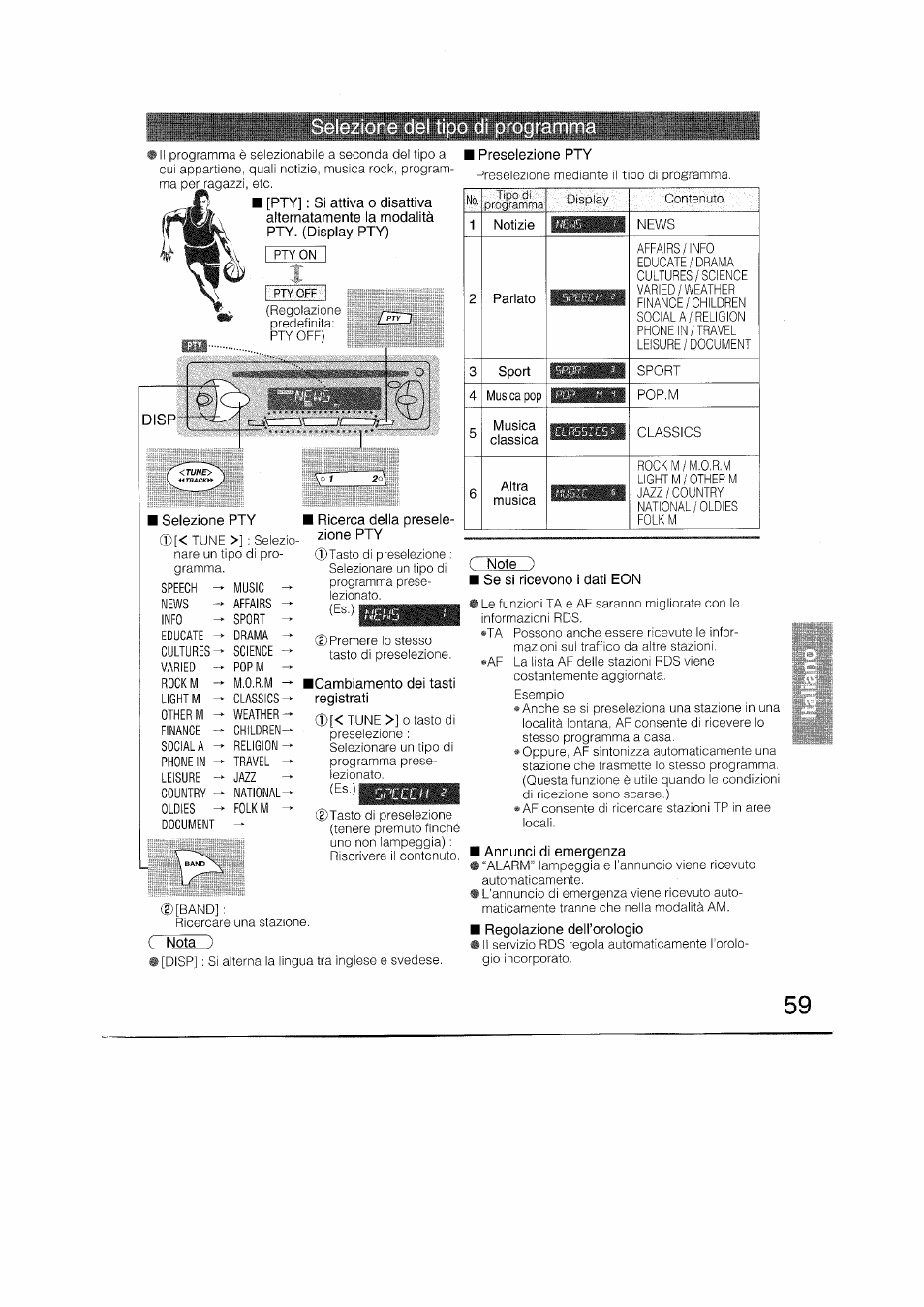 Preselezione pty, I selezione pty, Se si ricevono i dati eon | Annunci di emergenza, Regolazione deil’orologio | Panasonic CQRDP162N User Manual | Page 59 / 84