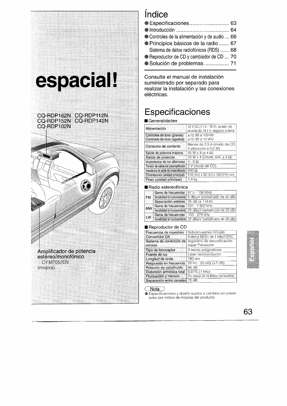 Índice, Especificaciones, Generalidades | Espacial, Principios básicos de la radio | Panasonic CQRDP162N User Manual | Page 63 / 84