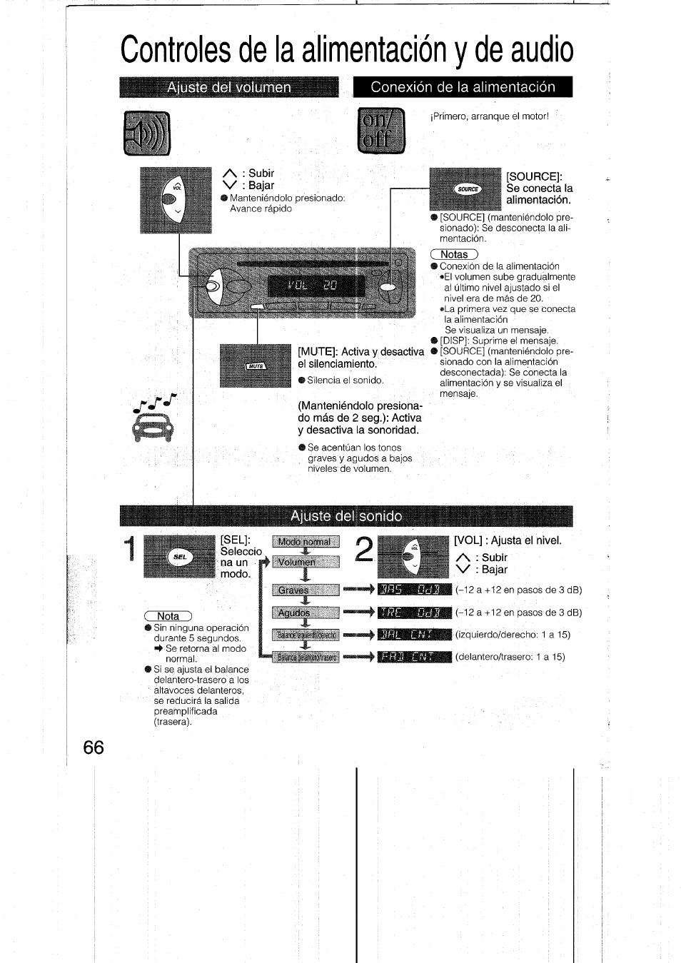 Controles de la alimentación y de audio, Conexión de la alimentación, Ajuste del sonido | On/ ’ :off | Panasonic CQRDP162N User Manual | Page 66 / 84