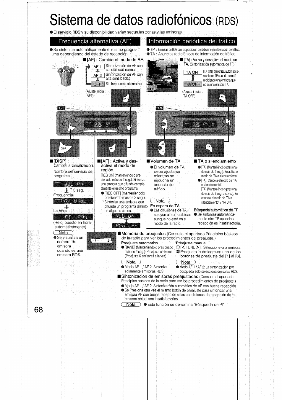 Frecuencia alternativa (af), Nformación periódica del tráfico, L[disp | Cambia la vlsuallzación, Volumen de ta, Ta o sllenclamiento | Panasonic CQRDP162N User Manual | Page 68 / 84