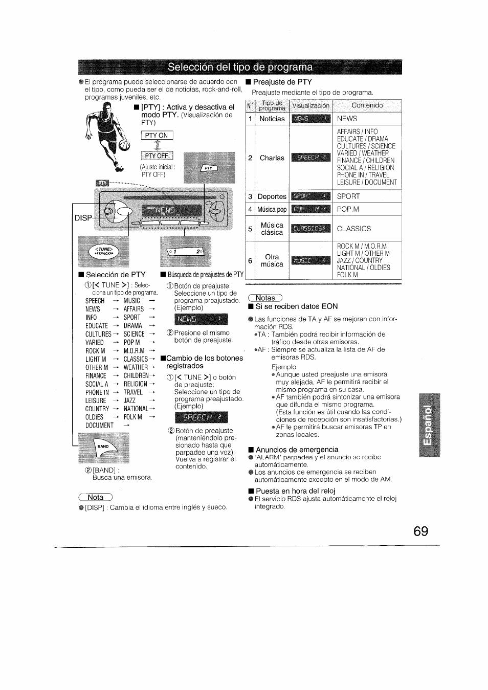 Selección del tipo de programa, I selección de pty, Nota ) | I preajuste de pty, I biúsqueda de preajustes de pty, Icambio de los botones registrados, Noticias, Charlas, Deportes, Música | Panasonic CQRDP162N User Manual | Page 69 / 84