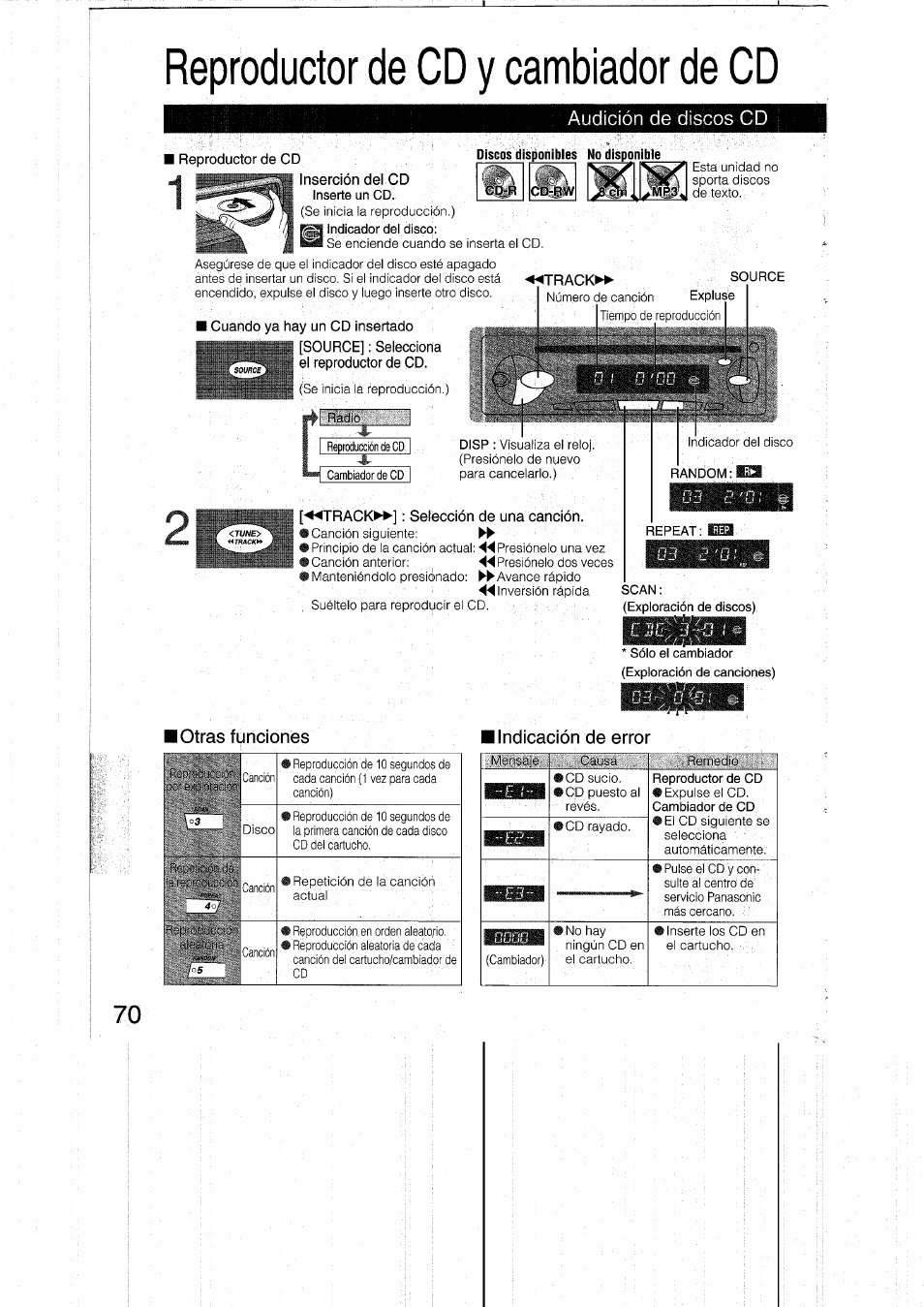 Reproductor de cd y cambiador de cd, Audición de discos cd, Inserción del cd | Cuando ya hay un cd insertado, Source] : selecciona, El reproductor de cd, Trackm» source, Track^^j : selección de una canción, I otras funciones, I indicación de error | Panasonic CQRDP162N User Manual | Page 70 / 84