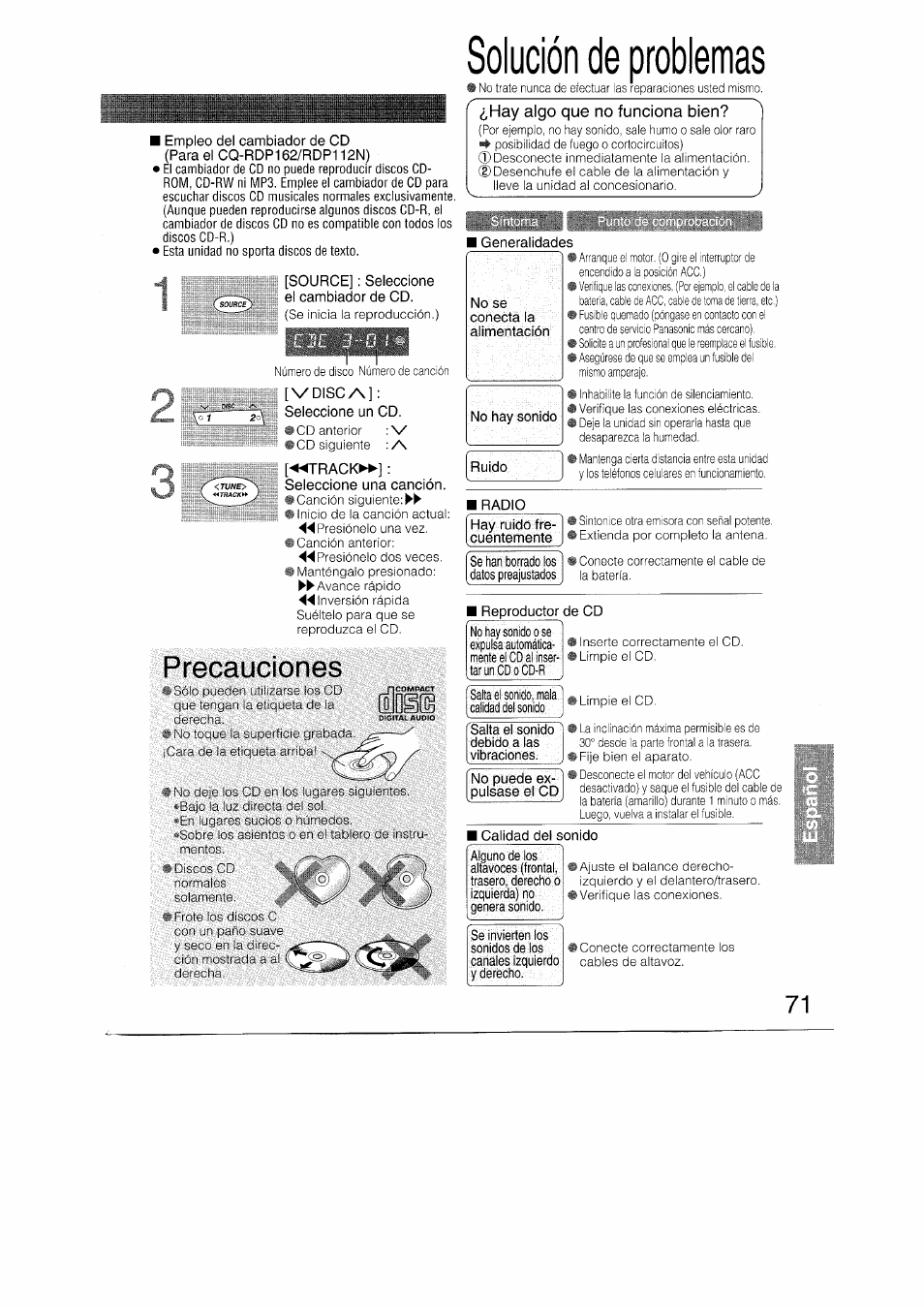 Source]: seleccione el cambiador de cd, Vdisc, Seleccione un cd | Trackm-]: seleccione una canción, Precauciones, Solución de problemas, I generalidades, Radio, I reproductor de cd, I calidad del sonido | Panasonic CQRDP162N User Manual | Page 71 / 84