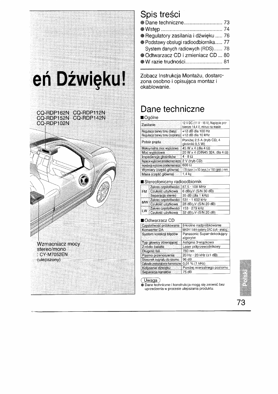 Spis tresci, Istereofoniczny radioodbiornik, Lodtwarzacz cd | Uwaga), Dane techniczne | Panasonic CQRDP162N User Manual | Page 73 / 84