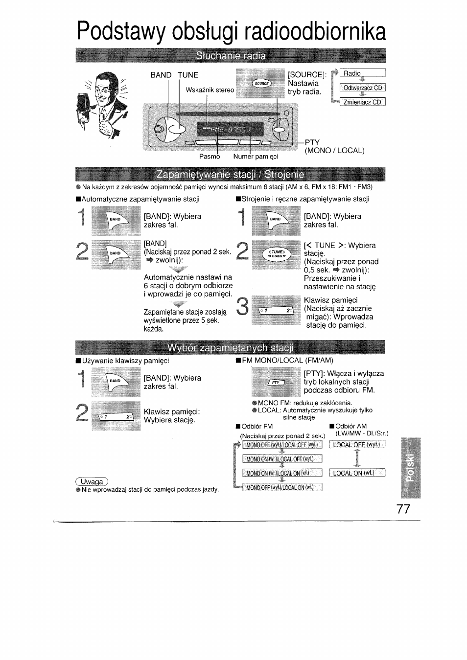 Podstawy obslugi radioodbiornika, Podstawy obstugi radioodbiornika.77, I monoon(wi.)/localoff(wyt.) | Panasonic CQRDP162N User Manual | Page 77 / 84