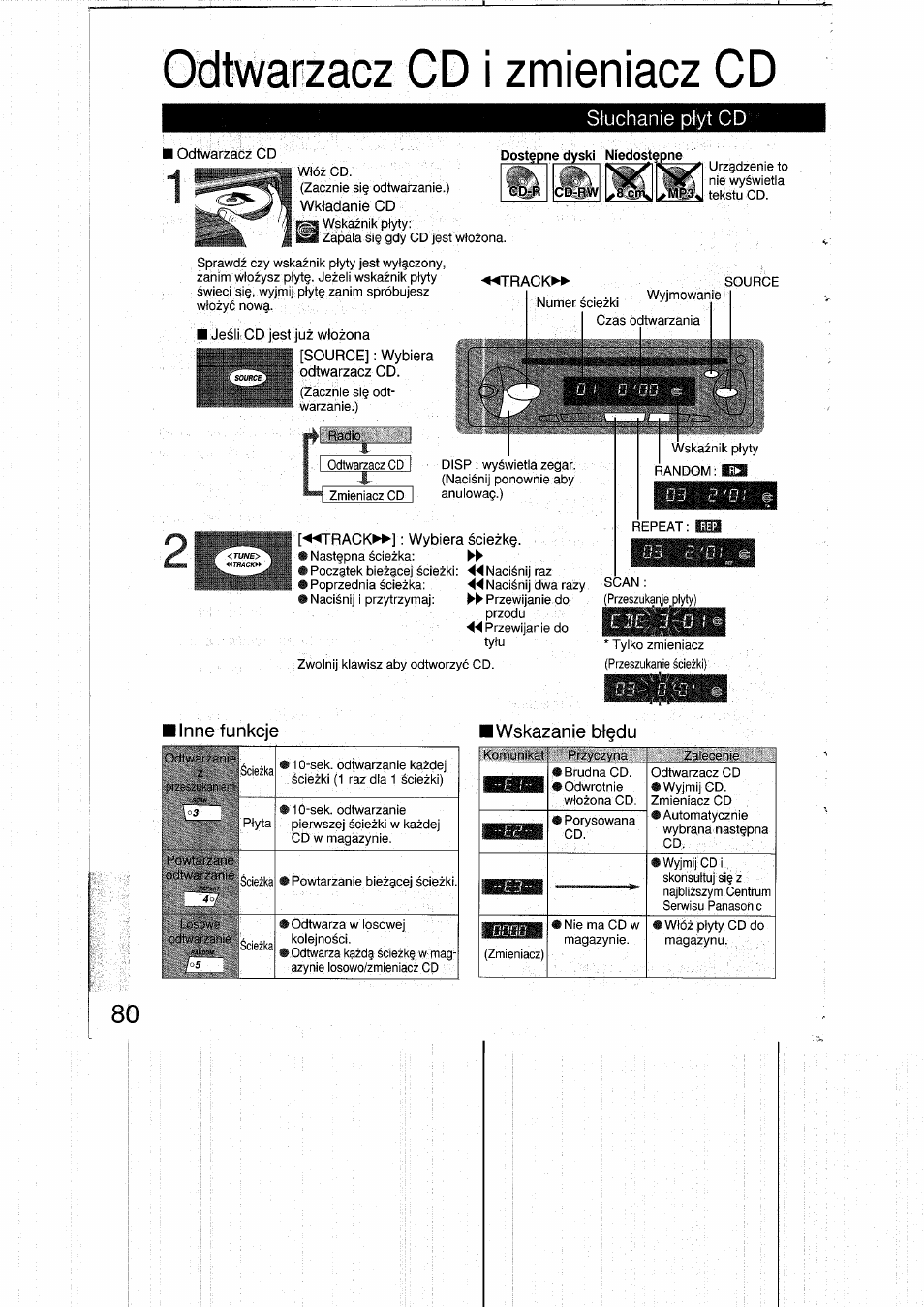 Odtwarzacz gd i zmieniacz cd, Stuchanie ptyt cd, I odtwarzacz cd | Dostepne dyski niedostepne, Jesli cd jest juz wtozona, Ip [source]: wybiera odtwarzacz cd, Trackm, Track^>-]: wybiera sciezk, Iwskazanie bt§du, Odtwarzacz cd i zmieniacz cd | Panasonic CQRDP162N User Manual | Page 80 / 84