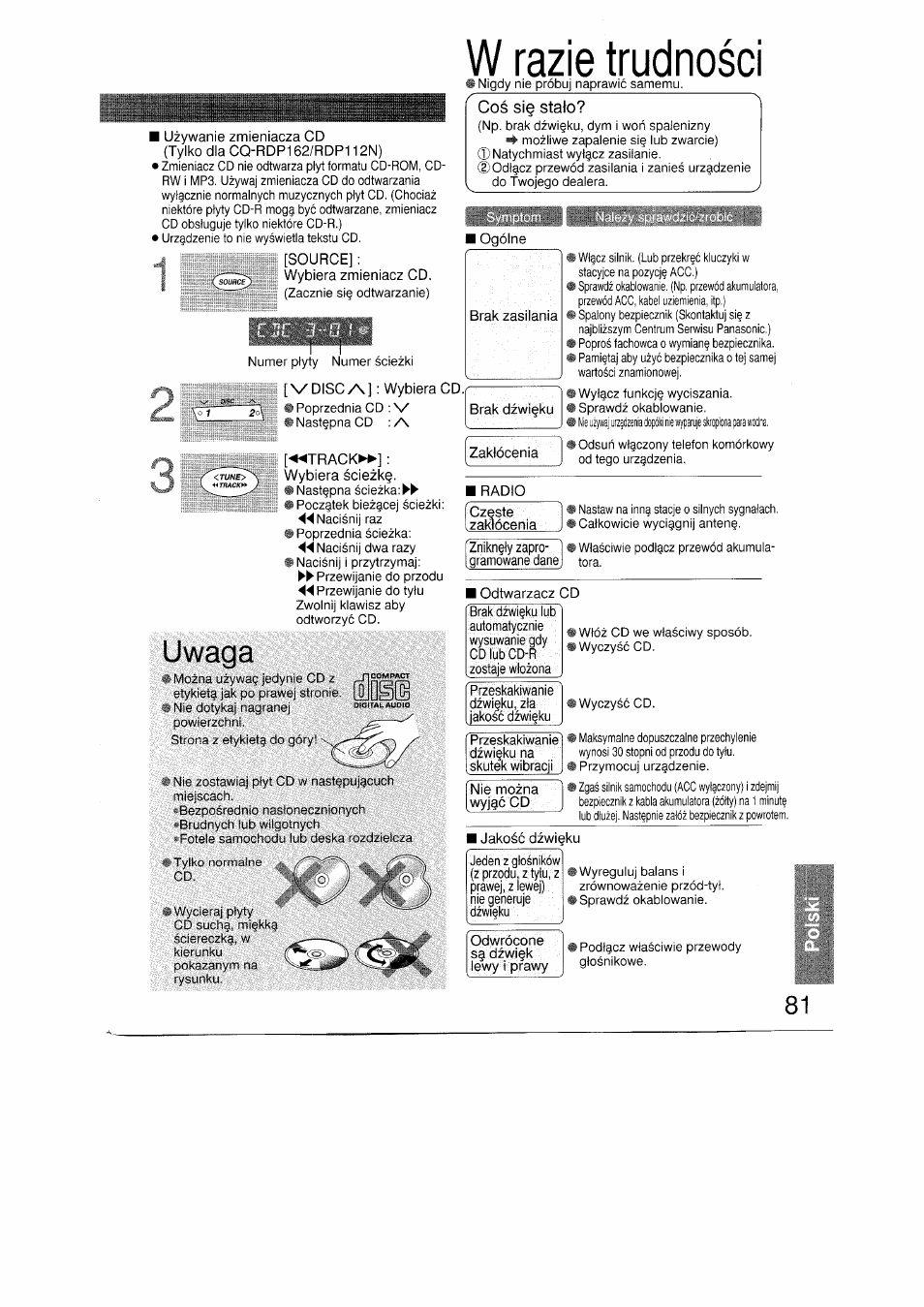W razie trudnosci, Uwaga, Cos si§ stato | Panasonic CQRDP162N User Manual | Page 81 / 84