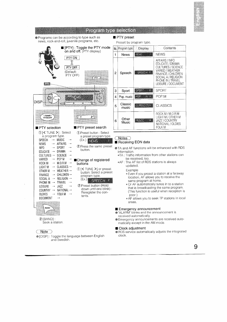 I pty selection, I pty preset search, Change of registered buttons | Emergency announcement | Panasonic CQRDP162N User Manual | Page 9 / 84