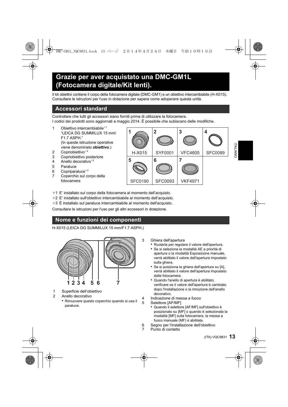 Accessori standard nome e funzioni dei componenti | Panasonic DMCGM1LEF User Manual | Page 13 / 36