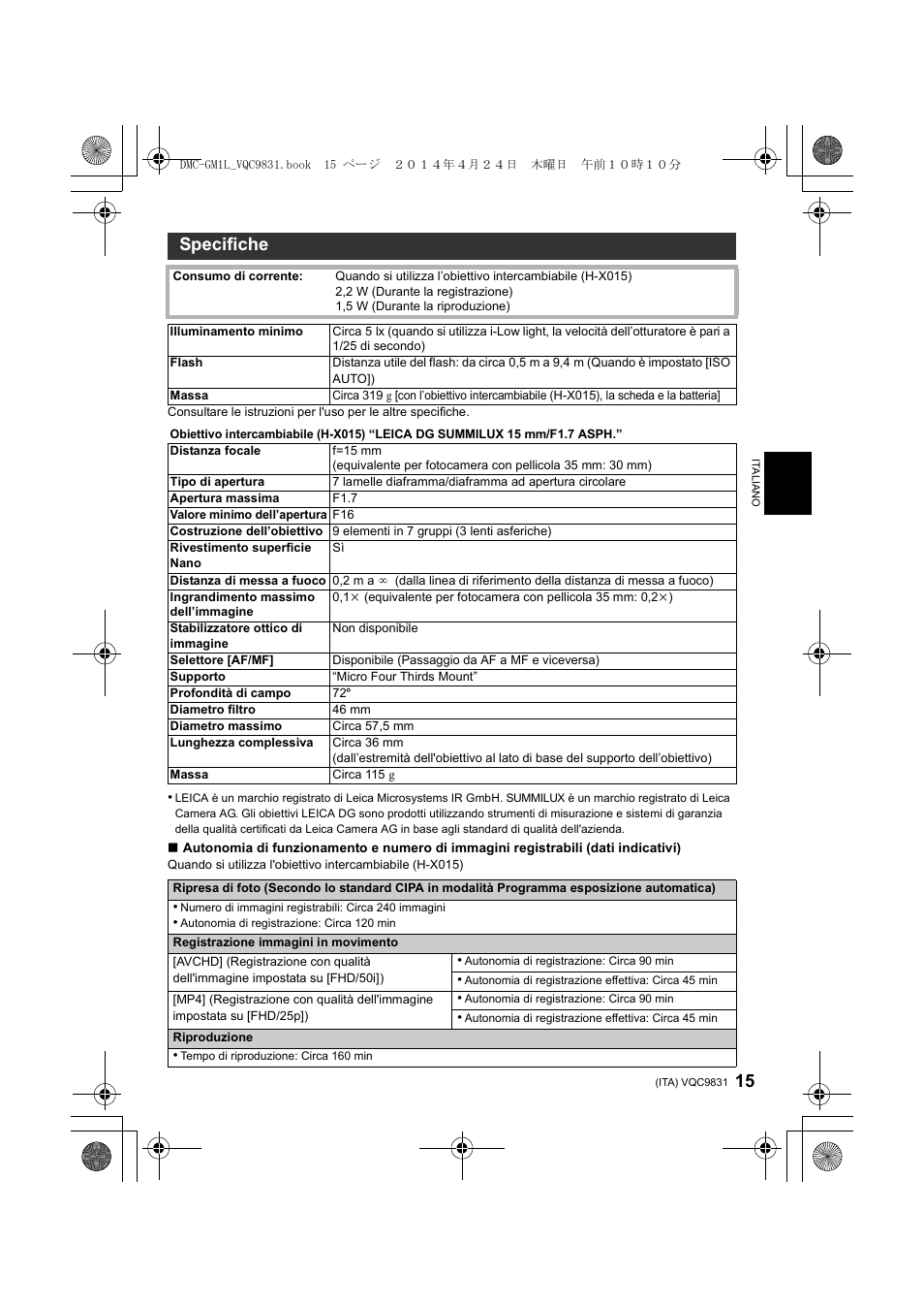 Specifiche | Panasonic DMCGM1LEF User Manual | Page 15 / 36