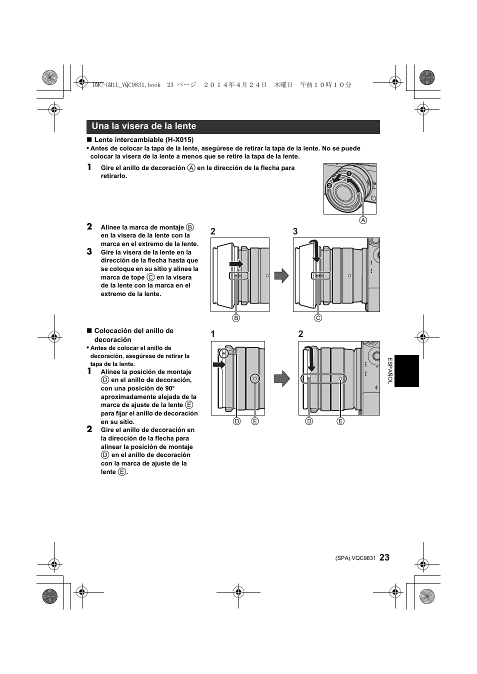 Una la visera de la lente 2 3 1 2 | Panasonic DMCGM1LEF User Manual | Page 23 / 36
