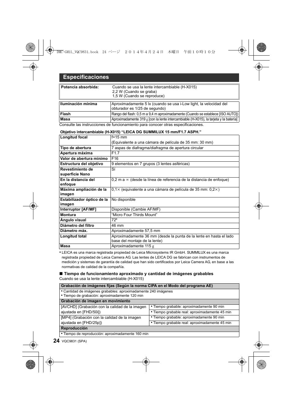 Especificaciones | Panasonic DMCGM1LEF User Manual | Page 24 / 36