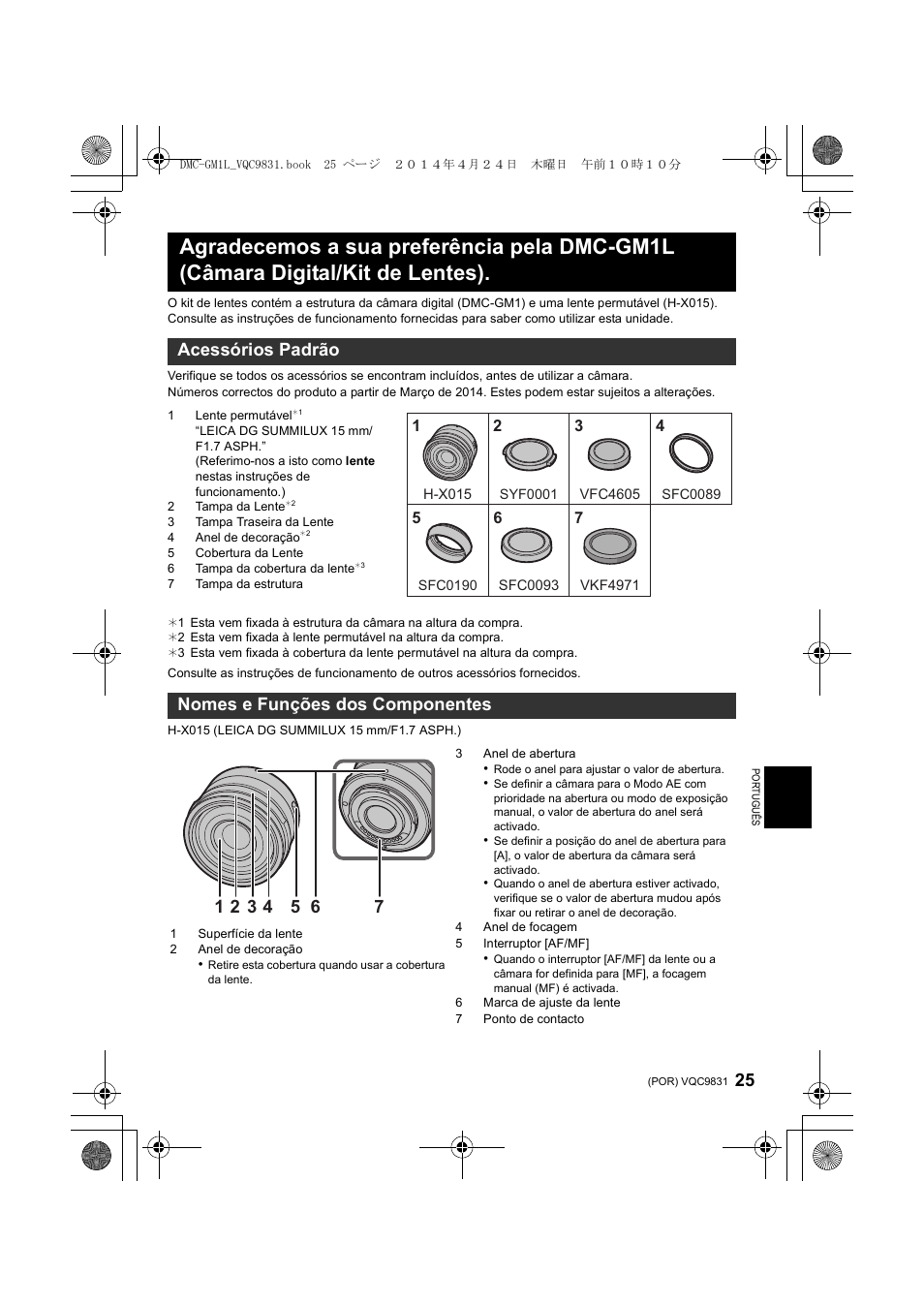 Acessórios padrão nomes e funções dos componentes | Panasonic DMCGM1LEF User Manual | Page 25 / 36