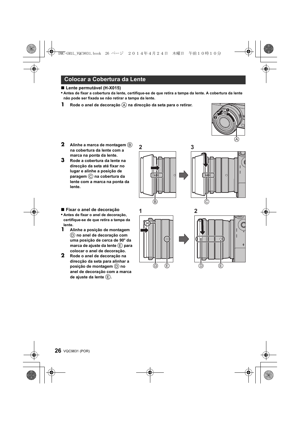 Colocar a cobertura da lente 2 3 1 2 | Panasonic DMCGM1LEF User Manual | Page 26 / 36