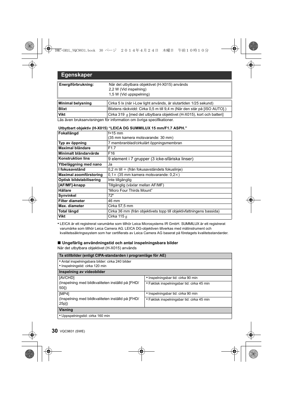 Egenskaper | Panasonic DMCGM1LEF User Manual | Page 30 / 36