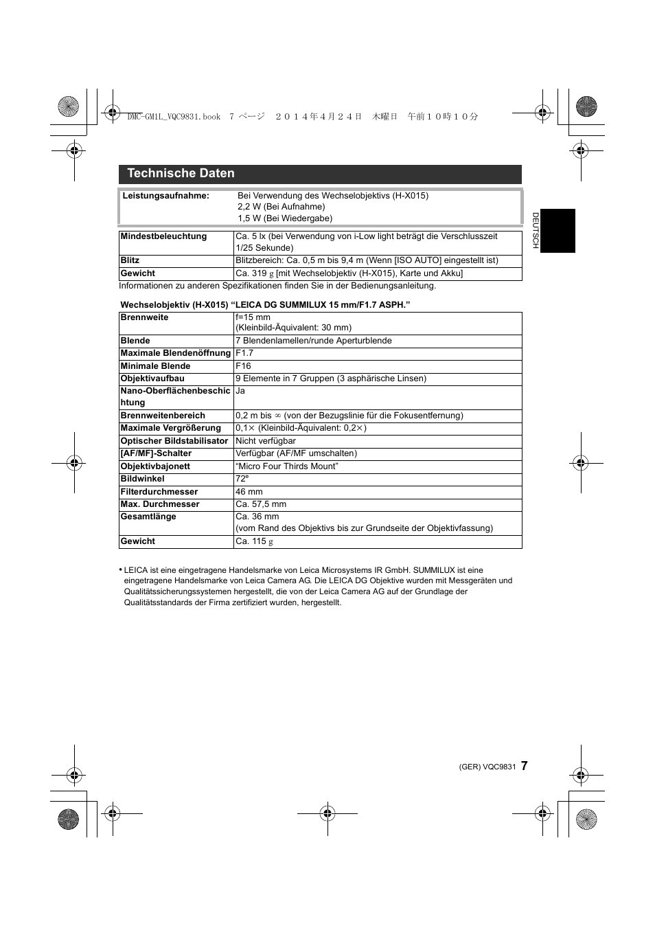 Technische daten | Panasonic DMCGM1LEF User Manual | Page 7 / 36