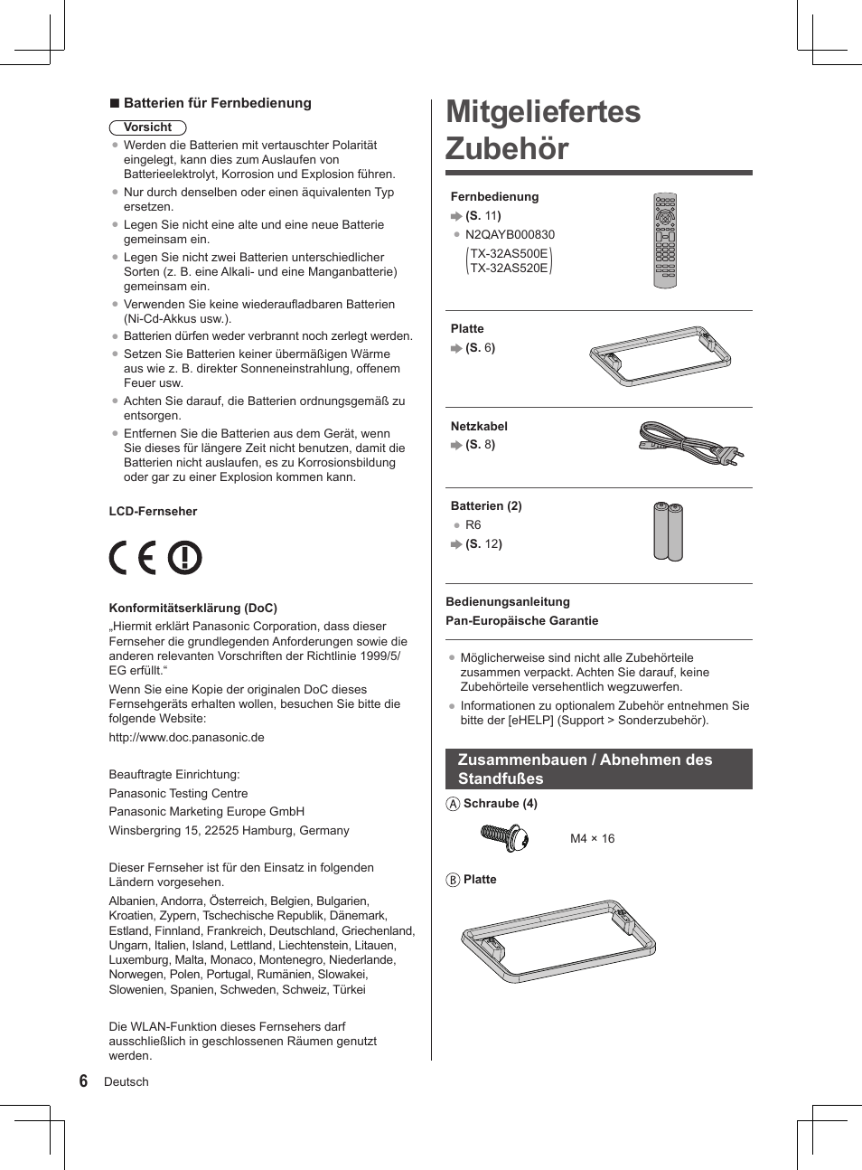 Mitgeliefertes zubehör | Panasonic TX32AS520E User Manual | Page 108 / 224